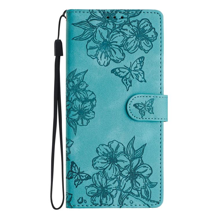For iPhone 16e Cherry Blossom Butterfly Skin Feel Embossed PU Phone Case(Green) - iPhone 16e Cases by PMC TechLife | Online Shopping South Africa | PMC TechLife | Buy Now Pay Later Mobicred