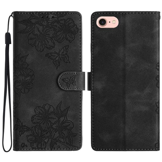 For iPhone 16e Cherry Blossom Butterfly Skin Feel Embossed PU Phone Case(Black) - iPhone 16e Cases by PMC Jewellery | Online Shopping South Africa | PMC Jewellery | Buy Now Pay Later Mobicred