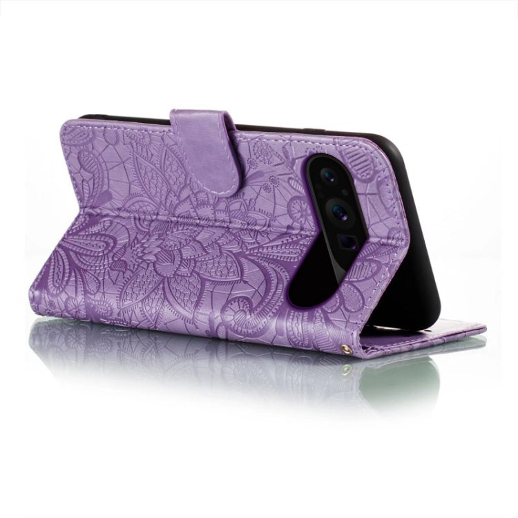 For Google Pixel 9 Pro Lace Flower Embossing Flip Leather Phone Case(Purple) - Google Cases by PMC Jewellery | Online Shopping South Africa | PMC Jewellery | Buy Now Pay Later Mobicred