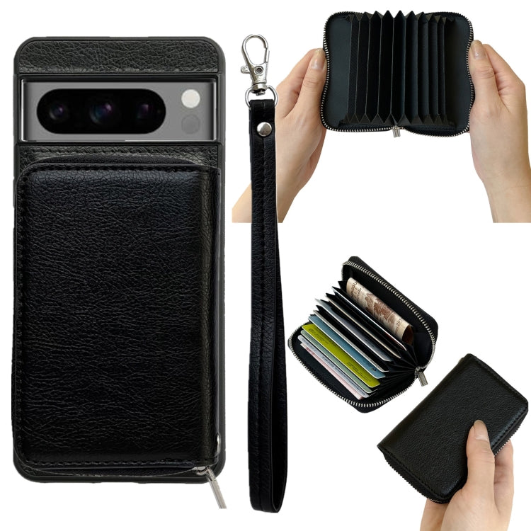For Google Pixel 9 / 9 Pro Solid Color Zipper 11-Card Slots Bag Phone Case with Lanyard(Black) - Google Cases by PMC TechLife | Online Shopping South Africa | PMC TechLife | Buy Now Pay Later Mobicred