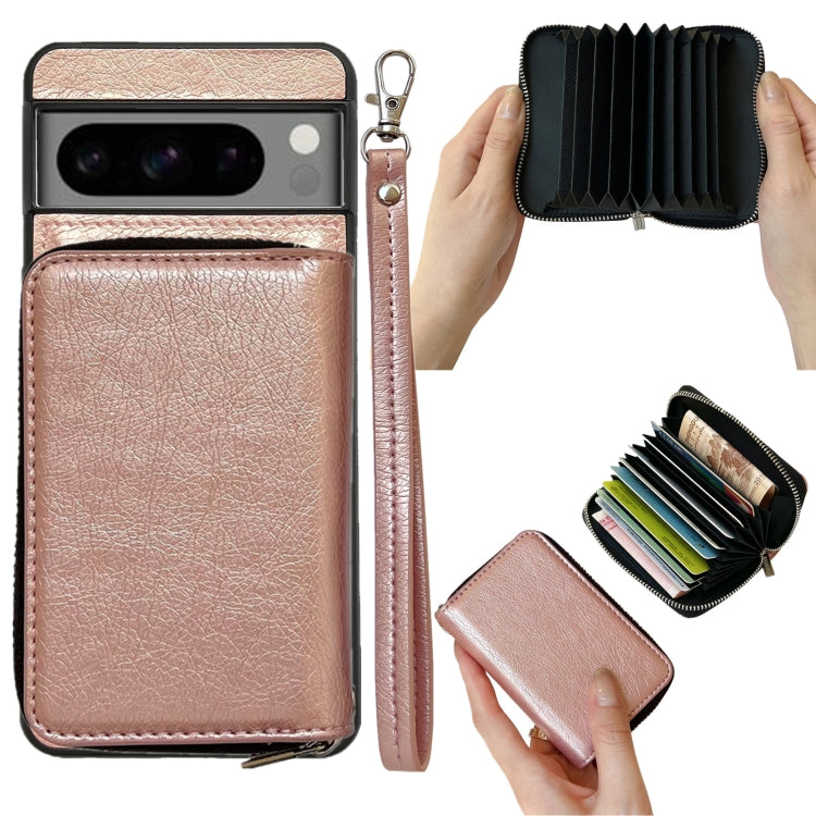 For Google Pixel 8a Solid Color Zipper 11-Card Slots Bag Phone Case with Lanyard(Rose Gold) - Google Cases by PMC TechLife | Online Shopping South Africa | PMC TechLife | Buy Now Pay Later Mobicred