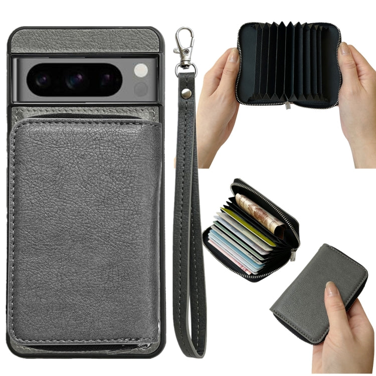 For Google Pixel 7a Solid Color Zipper 11-Card Slots Bag Phone Case with Lanyard(Grey) - Google Cases by PMC TechLife | Online Shopping South Africa | PMC TechLife | Buy Now Pay Later Mobicred