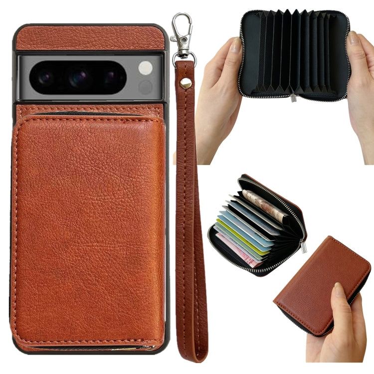 For Google Pixel 6 Solid Color Zipper 11-Card Slots Bag Phone Case with Lanyard(Brown) - Google Cases by PMC TechLife | Online Shopping South Africa | PMC TechLife | Buy Now Pay Later Mobicred