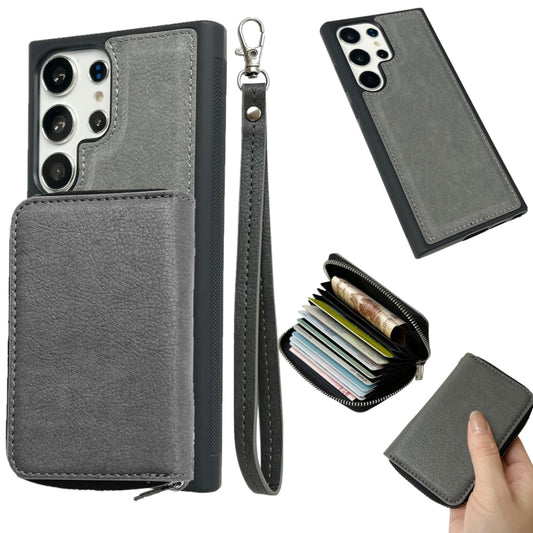 For Samsung Galaxy S24 Ultra 5G Solid Color Zipper 11-Card Slots Bag Phone Case with Lanyard(Grey) - Galaxy S24 Ultra 5G Cases by PMC Jewellery | Online Shopping South Africa | PMC Jewellery | Buy Now Pay Later Mobicred