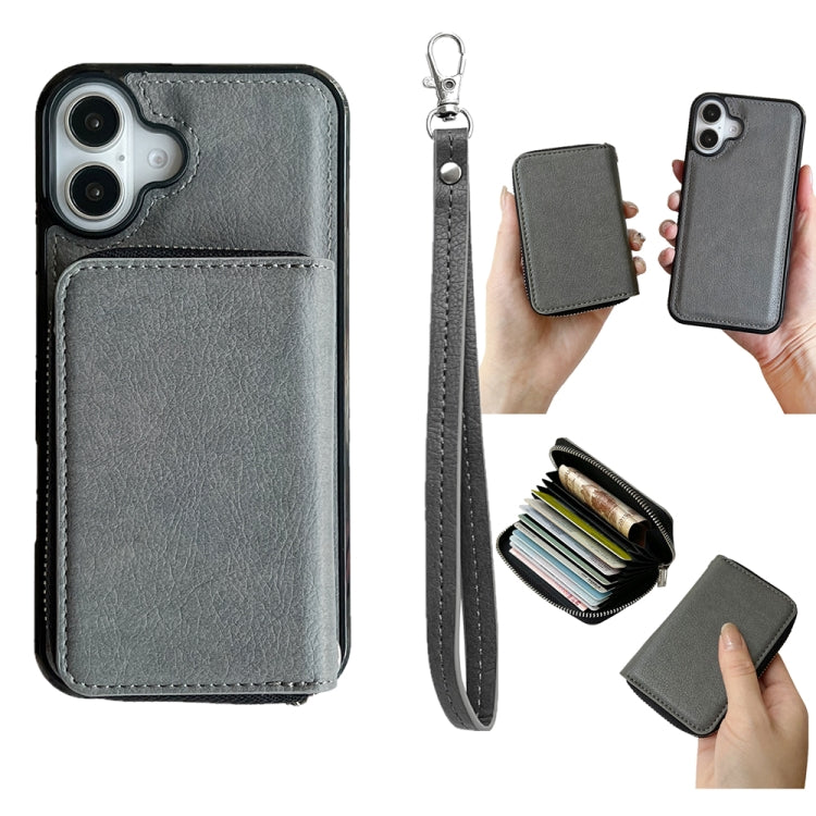 For iPhone 16 Solid Color Zipper 11-Card Slots Bag Phone Case with Lanyard(Grey) - iPhone 16 Cases by PMC Jewellery | Online Shopping South Africa | PMC Jewellery | Buy Now Pay Later Mobicred