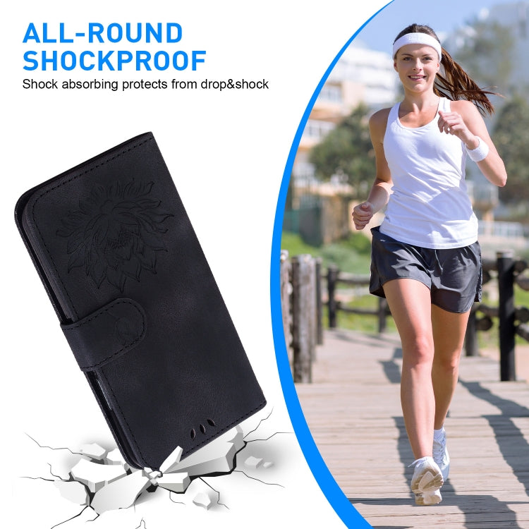 For iPhone 16e Lotus Embossed Leather Phone Case(Black) - iPhone 16e Cases by PMC TechLife | Online Shopping South Africa | PMC TechLife | Buy Now Pay Later Mobicred