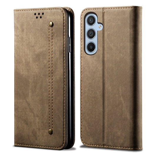 For Samsung Galaxy S25 5G Denim Texture Casual Style Horizontal Flip Leather Case(Khaki) - Galaxy S25 5G Cases by PMC Jewellery | Online Shopping South Africa | PMC Jewellery | Buy Now Pay Later Mobicred