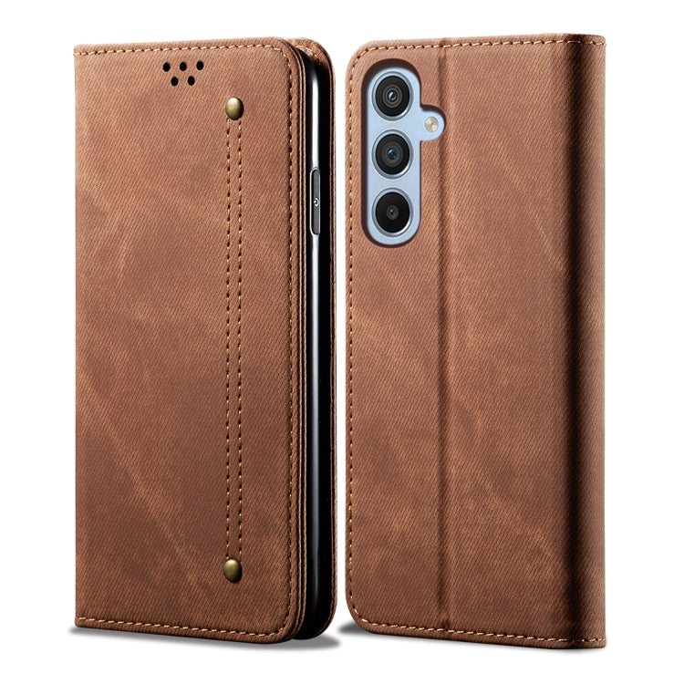 For Samsung Galaxy S25 5G Denim Texture Casual Style Horizontal Flip Leather Case(Brown) - Galaxy S25 5G Cases by PMC Jewellery | Online Shopping South Africa | PMC Jewellery | Buy Now Pay Later Mobicred