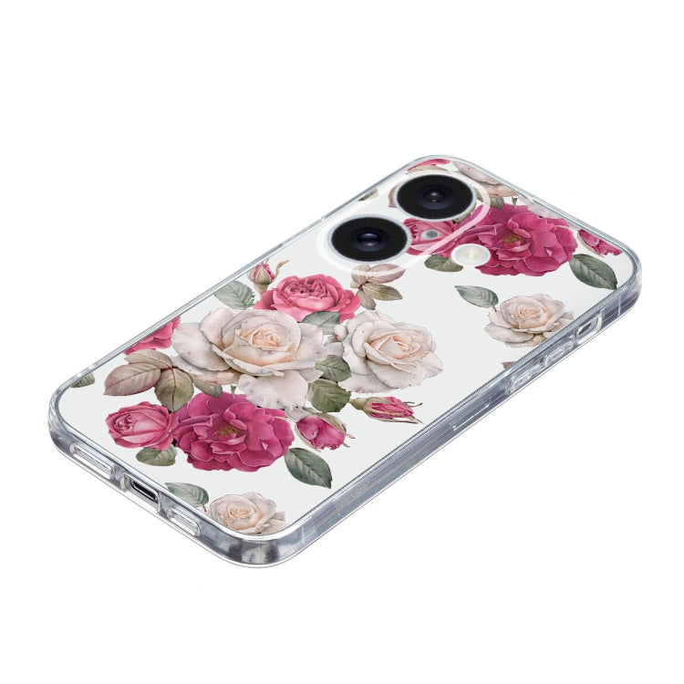 For iPhone 16 Colored Drawing Pattern Transparent TPU Phone Case(Peony) - iPhone 16 Cases by PMC Jewellery | Online Shopping South Africa | PMC Jewellery | Buy Now Pay Later Mobicred