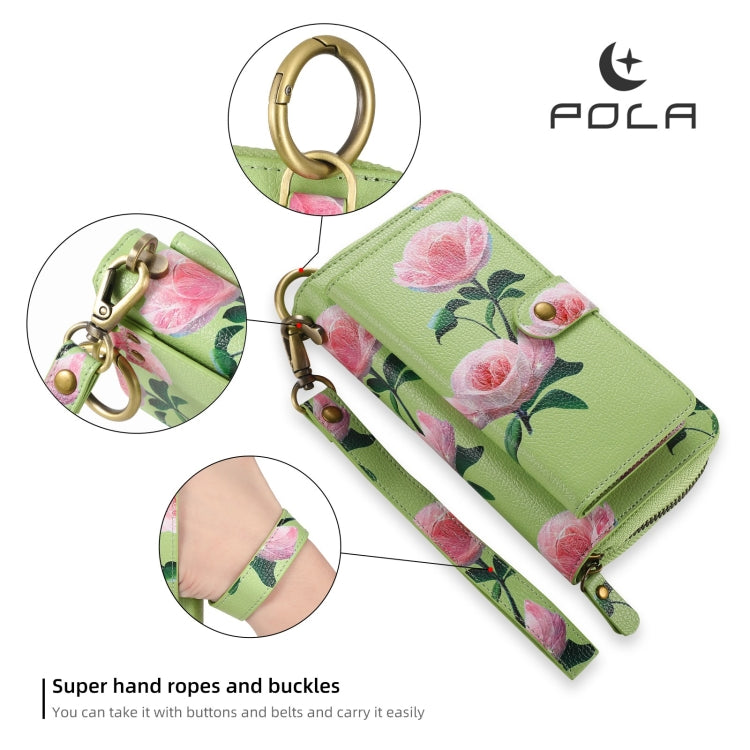 For Samsung Galaxy S24+ 5G POLA Flower Multi-functional Zipper Wallet Leather Phone Case(Green) - Galaxy S24+ 5G Cases by PMC Jewellery | Online Shopping South Africa | PMC Jewellery | Buy Now Pay Later Mobicred