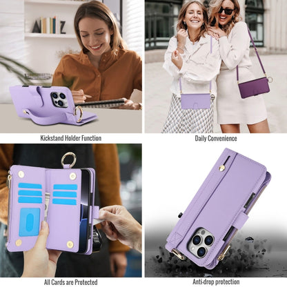 For iPhone 16 Pro Crossbody Ring Multifunctional Wallet Leather Phone Case(Purple) - More iPhone Cases by PMC Jewellery | Online Shopping South Africa | PMC Jewellery | Buy Now Pay Later Mobicred