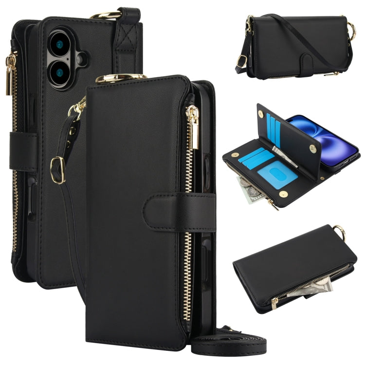 For iPhone 16 Plus Crossbody Ring Multifunctional Wallet Leather Phone Case(Black) - free shipping - PMC Jewellery - Order now!
