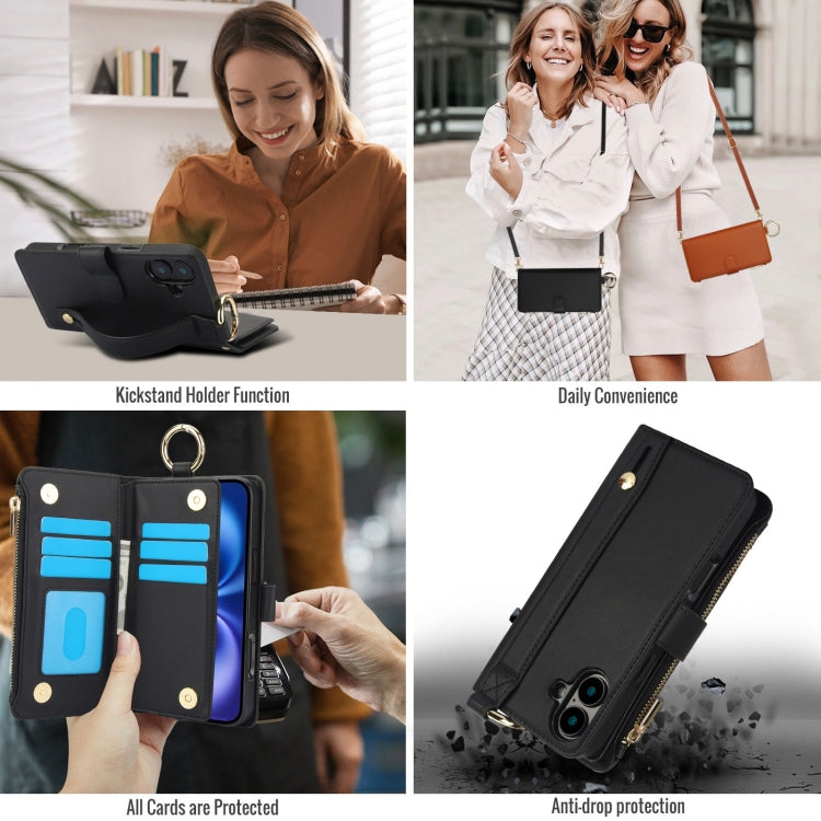 For iPhone 16 Plus Crossbody Ring Multifunctional Wallet Leather Phone Case(Black) - free shipping - PMC Jewellery - Order now!