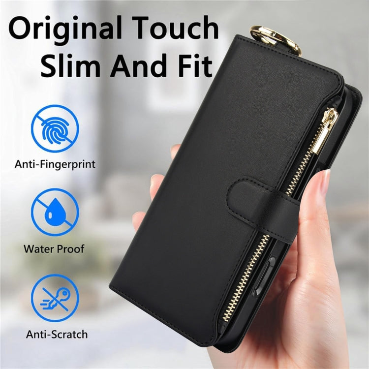 For iPhone 16 Plus Crossbody Ring Multifunctional Wallet Leather Phone Case(Black) - free shipping - PMC Jewellery - Order now!