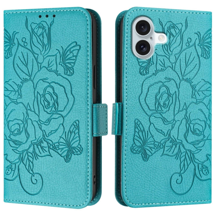 For iPhone 16 Embossed Rose RFID Anti-theft Leather Phone Case(Light Blue) - iPhone 16 Cases by PMC TechLife | Online Shopping South Africa | PMC TechLife | Buy Now Pay Later Mobicred
