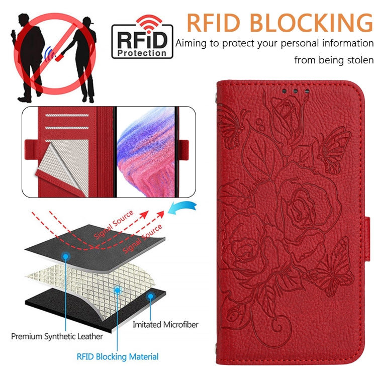 For iPhone SE 2024 Embossed Rose RFID Anti-theft Leather Phone Case(Red) - More iPhone Cases by PMC Jewellery | Online Shopping South Africa | PMC Jewellery | Buy Now Pay Later Mobicred