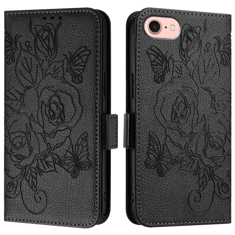 For iPhone SE 2024 Embossed Rose RFID Anti-theft Leather Phone Case(Black) - More iPhone Cases by PMC Jewellery | Online Shopping South Africa | PMC Jewellery | Buy Now Pay Later Mobicred