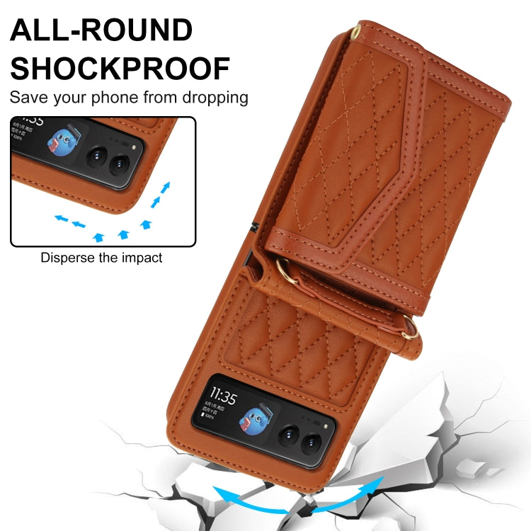 For Motorola Razr 40 Splicing Rhombic Texture Phone Case with Long & Short Lanyard(Brown) - Motorola Cases by PMC TechLife | Online Shopping South Africa | PMC TechLife | Buy Now Pay Later Mobicred