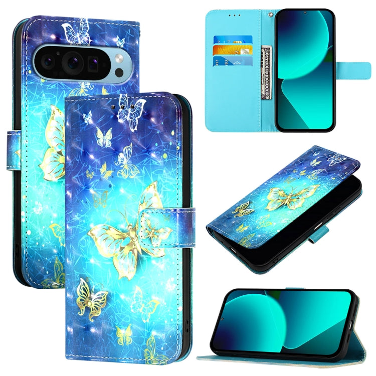 For Google Pixel 9 3D Painting Horizontal Flip Leather Phone Case(Golden Butterfly) - Google Cases by PMC TechLife | Online Shopping South Africa | PMC TechLife | Buy Now Pay Later Mobicred