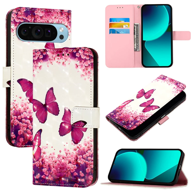 For Google Pixel 9 3D Painting Horizontal Flip Leather Phone Case(Rose Butterfly) - Google Cases by PMC Jewellery | Online Shopping South Africa | PMC Jewellery | Buy Now Pay Later Mobicred