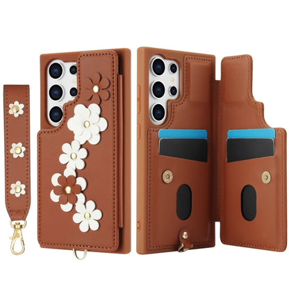 For Samsung Galaxy S25 Ultra 5G Crossbody Flower Pattern Leather Phone Case(Brown) - Galaxy S25 Ultra 5G Cases by PMC Jewellery | Online Shopping South Africa | PMC Jewellery | Buy Now Pay Later Mobicred