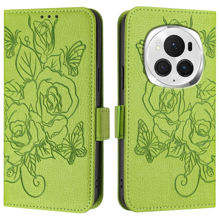 For Honor Magic6 Pro 5G Embossed Rose RFID Anti-theft Leather Phone Case(Green) - Honor Cases by PMC Jewellery | Online Shopping South Africa | PMC Jewellery | Buy Now Pay Later Mobicred