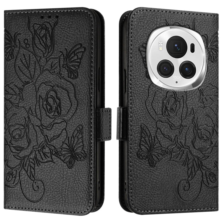 For Honor Magic6 Pro 5G Embossed Rose RFID Anti-theft Leather Phone Case(Black) - Honor Cases by PMC Jewellery | Online Shopping South Africa | PMC Jewellery | Buy Now Pay Later Mobicred