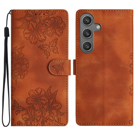 For Samsung Galaxy S25+ 5G Cherry Blossom Butterfly Skin Feel Embossed PU Phone Case(Brown) - Galaxy S25+ 5G Cases by PMC Jewellery | Online Shopping South Africa | PMC Jewellery | Buy Now Pay Later Mobicred