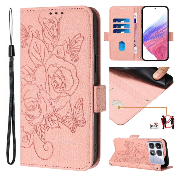 For Redmi K70 Ultra 5G Global Embossed Rose RFID Anti-theft Leather Phone Case(Pink) - Xiaomi Cases by PMC Jewellery | Online Shopping South Africa | PMC Jewellery | Buy Now Pay Later Mobicred