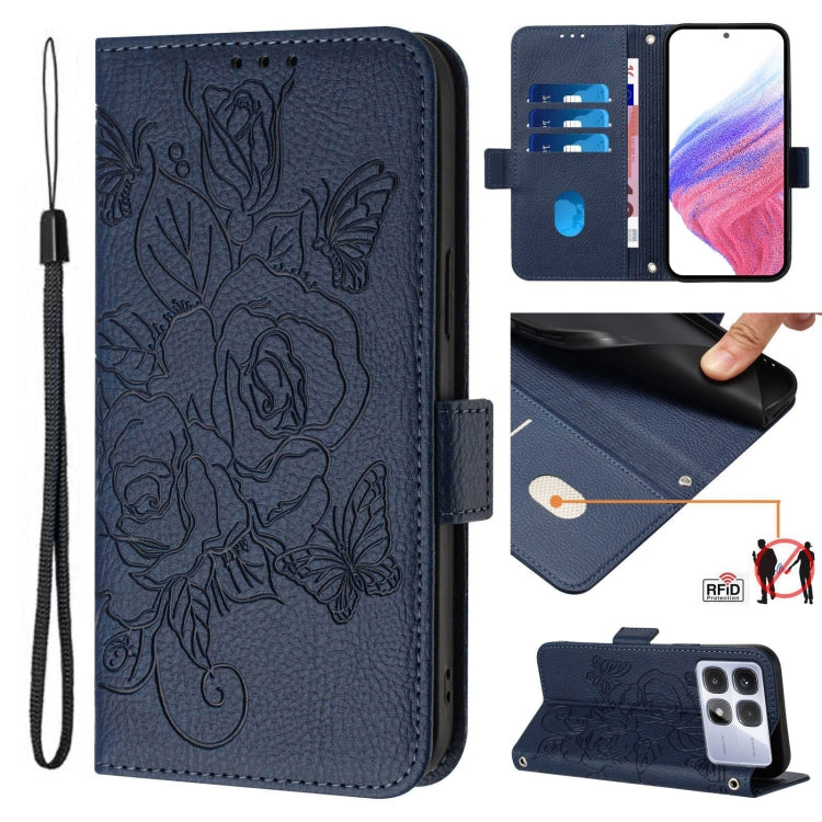 For Redmi K70 Ultra 5G Global Embossed Rose RFID Anti-theft Leather Phone Case(Dark Blue) - Xiaomi Cases by PMC Jewellery | Online Shopping South Africa | PMC Jewellery | Buy Now Pay Later Mobicred