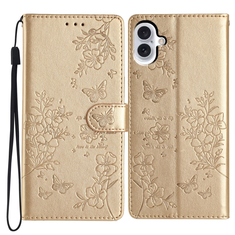 For iPhone 16 Plus Butterflies and Flowers Leather Phone Case(Gold) - iPhone 16 Plus Cases by PMC TechLife | Online Shopping South Africa | PMC TechLife | Buy Now Pay Later Mobicred