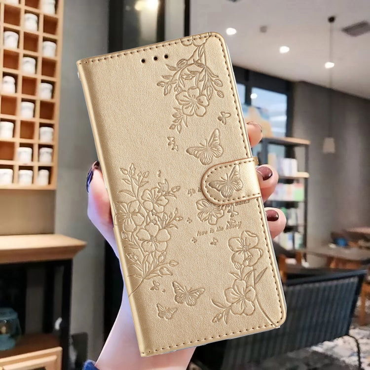 For iPhone 16 Plus Butterflies and Flowers Leather Phone Case(Gold) - iPhone 16 Plus Cases by PMC TechLife | Online Shopping South Africa | PMC TechLife | Buy Now Pay Later Mobicred