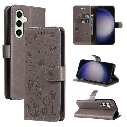 For Samsung Galaxy S25 / S24 5G Cat and Bee Embossed Flip Leather Phone Case(Grey) - Galaxy S25 5G Cases by PMC Jewellery | Online Shopping South Africa | PMC Jewellery | Buy Now Pay Later Mobicred