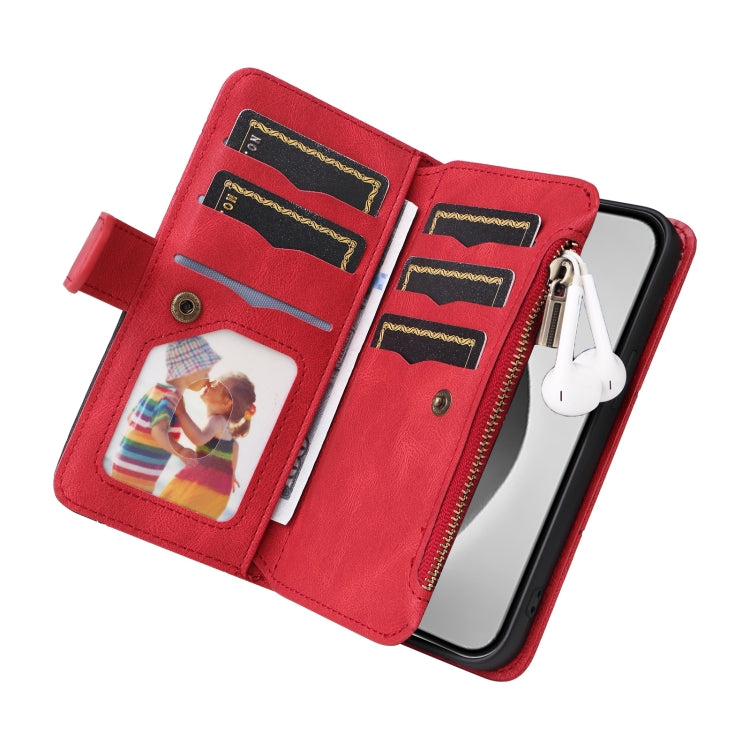 For iPhone 16 Pro Max Dual-color 9 Card Slots Zipper Wallet Leather Phone Case(Red) - iPhone 16 Pro Max Cases by PMC TechLife | Online Shopping South Africa | PMC TechLife | Buy Now Pay Later Mobicred
