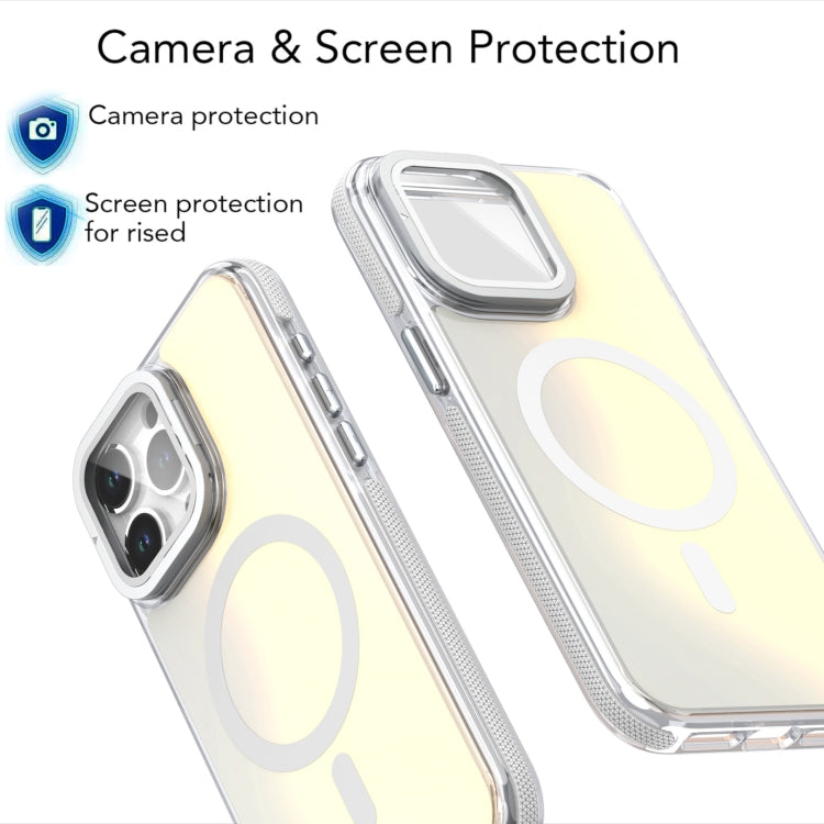 For iPhone 16 MagSafe Gradient Color Lens Film Phone Case with Lens Fold Holder(White) - iPhone 16 Cases by PMC Jewellery | Online Shopping South Africa | PMC Jewellery | Buy Now Pay Later Mobicred