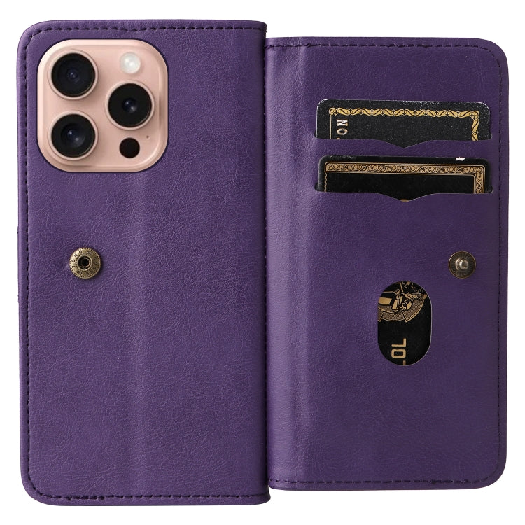 For iPhone 16 Pro Multi-Function Wallet 10 Card Slots Leather Phone Case(Violet) - iPhone 16 Pro Cases by PMC TechLife | Online Shopping South Africa | PMC TechLife | Buy Now Pay Later Mobicred