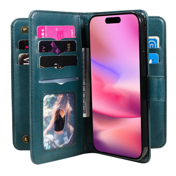 For iPhone 16 Multi-Function Wallet 10 Card Slots Leather Phone Case(Dark Green) - iPhone 16 Cases by PMC Jewellery | Online Shopping South Africa | PMC Jewellery | Buy Now Pay Later Mobicred