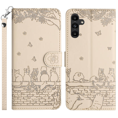 For Samsung Galaxy S25 5G Cat Embossing Pattern Leather Phone Case with Lanyard(Beige) - Galaxy S25 5G Cases by PMC Jewellery | Online Shopping South Africa | PMC Jewellery | Buy Now Pay Later Mobicred