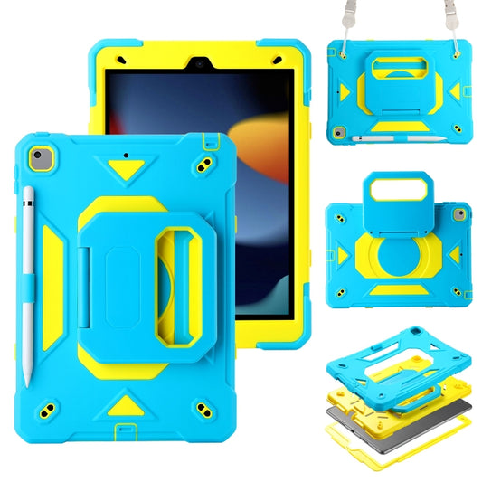 For iPad 10.2 2021 / 2020 / 2019 Legend Grip Holder Silicone Hybrid PC Tablet Case with Strap(Blue Fluorescent Yellow) - iPad 10.2 Cases by PMC Jewellery | Online Shopping South Africa | PMC Jewellery | Buy Now Pay Later Mobicred