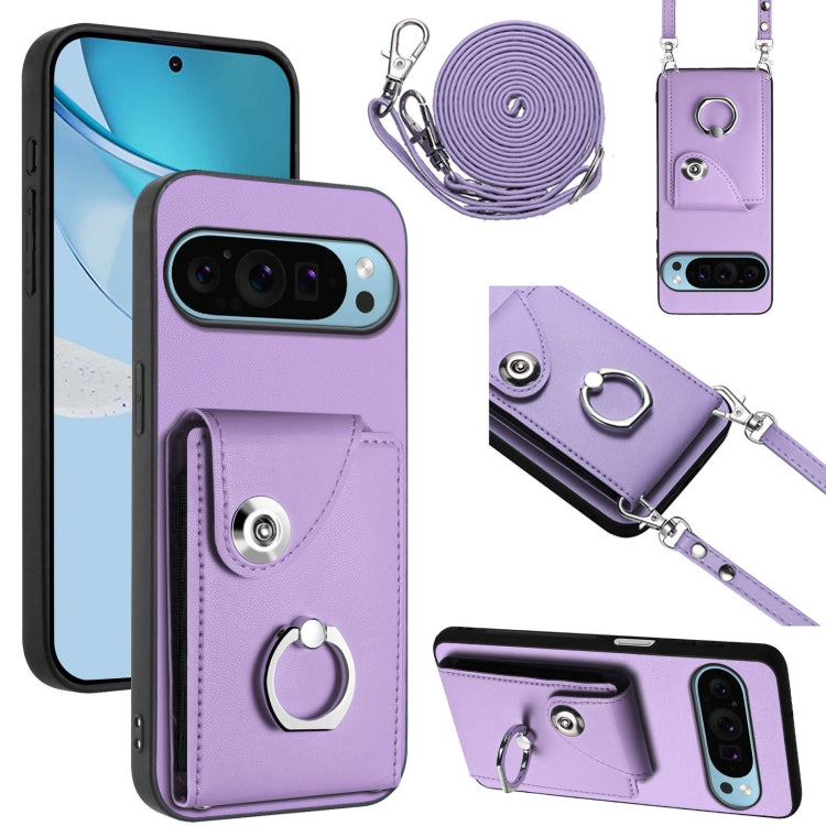 For Google Pixel 9 / 9 Pro Organ Card Bag Ring Holder Phone Case with Long Lanyard(Purple) - Google Cases by PMC TechLife | Online Shopping South Africa | PMC TechLife | Buy Now Pay Later Mobicred