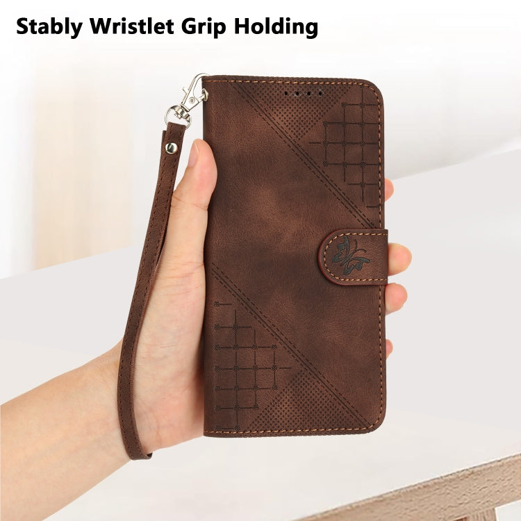 For iPhone 16 YX0080 Grid Butterfly Embossed Pattern Flip Leather Phone Case with Lanyard(Coffee) - iPhone 16 Cases by PMC TechLife | Online Shopping South Africa | PMC TechLife | Buy Now Pay Later Mobicred