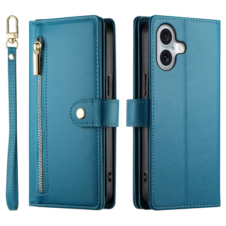 For iPhone 16 Plus Nine Card-slot Zipper Wallet Bag Leather Phone Case(Blue) - iPhone 16 Plus Cases by PMC Jewellery | Online Shopping South Africa | PMC Jewellery | Buy Now Pay Later Mobicred