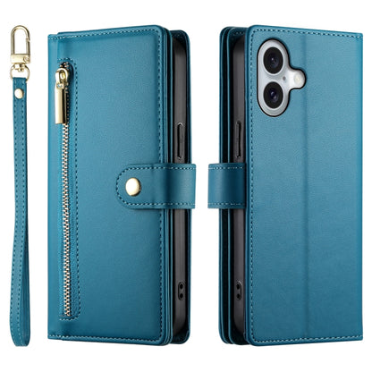 For iPhone 16 Plus Nine Card-slot Zipper Wallet Bag Leather Phone Case(Blue) - iPhone 16 Plus Cases by PMC Jewellery | Online Shopping South Africa | PMC Jewellery | Buy Now Pay Later Mobicred