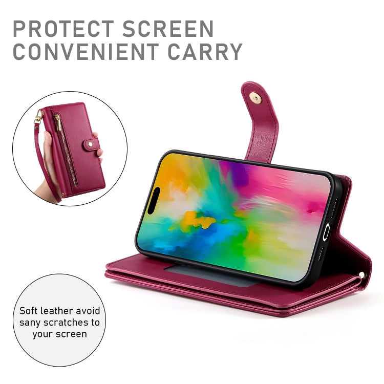 For iPhone 16 Pro Max Nine Card-slot Zipper Wallet Bag Leather Phone Case(Red) - iPhone 16 Pro Max Cases by PMC TechLife | Online Shopping South Africa | PMC TechLife | Buy Now Pay Later Mobicred