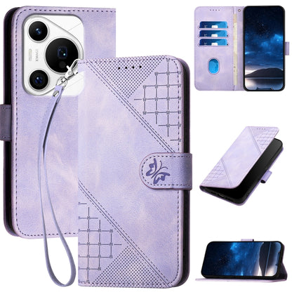 For Huawei Pura 70 Pro / 70 Pro+ YX0080 Grid Butterfly Embossed Pattern Flip Leather Phone Case with Lanyard(Light Purple) - Huawei Cases by PMC Jewellery | Online Shopping South Africa | PMC Jewellery | Buy Now Pay Later Mobicred