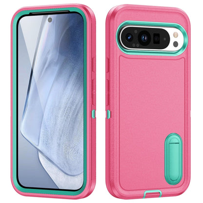 For Google Pixel 9 Pro Rugged PC + Silicone Phone Case with Holder(Rose Red+Light Green) - Google Cases by PMC Jewellery | Online Shopping South Africa | PMC Jewellery | Buy Now Pay Later Mobicred