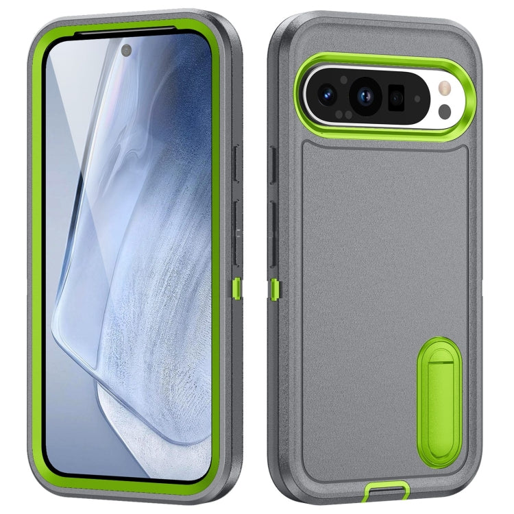 For Google Pixel 9 Pro Rugged PC + Silicone Phone Case with Holder(Grey+Fresh Green) - free shipping - PMC TechLife - Order now!