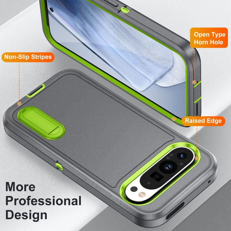 For Google Pixel 9 Pro Rugged PC + Silicone Phone Case with Holder(Grey+Fresh Green) - free shipping - PMC TechLife - Order now!