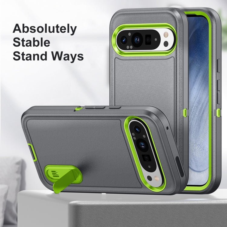 For Google Pixel 9 Pro Rugged PC + Silicone Phone Case with Holder(Grey+Fresh Green) - free shipping - PMC TechLife - Order now!