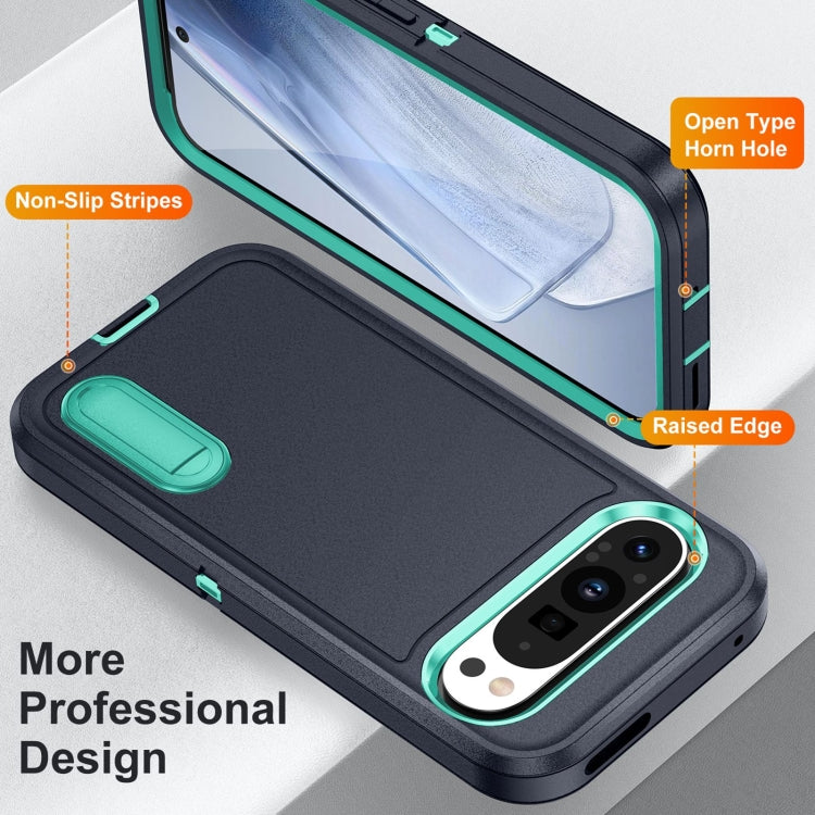For Google Pixel 9 Pro Rugged PC + Silicone Phone Case with Holder(Dark Blue+Light Green) - Google Cases by PMC TechLife | Online Shopping South Africa | PMC TechLife | Buy Now Pay Later Mobicred